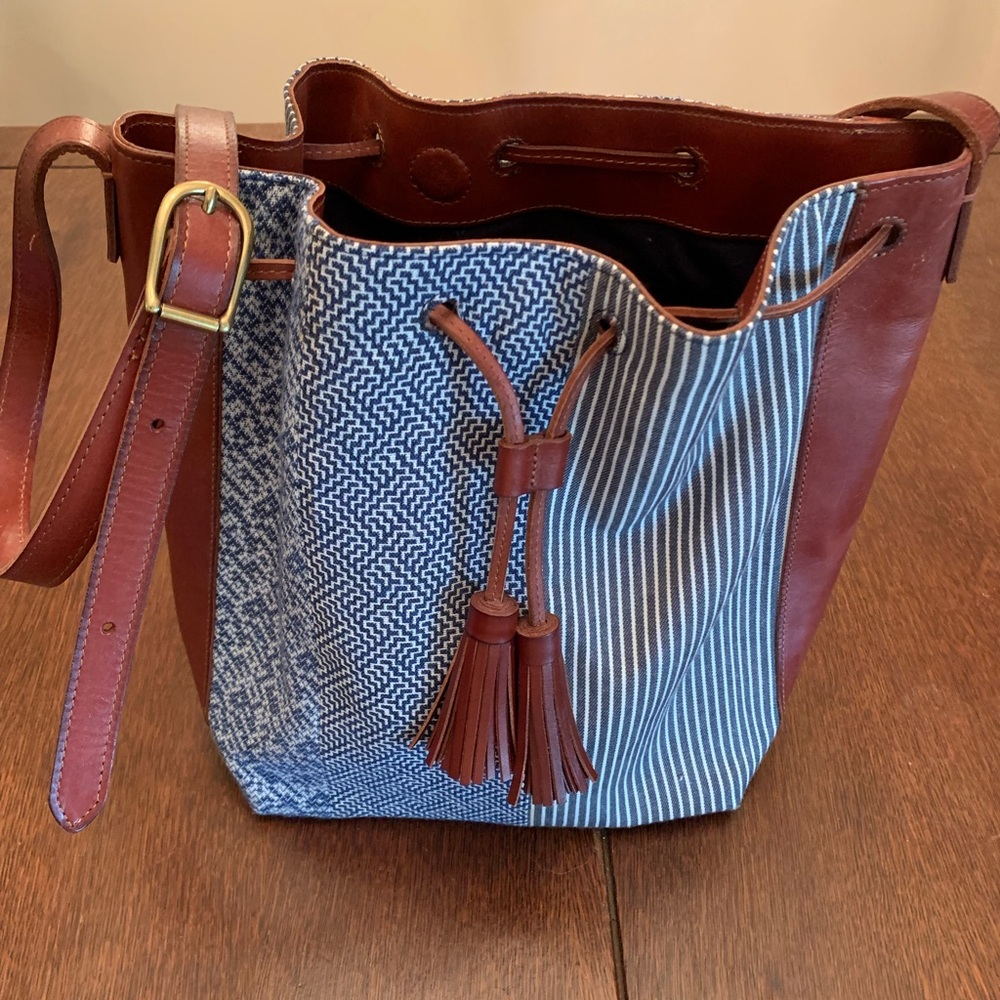 J. Jill Crossbody Hobo Bag, Blue and White Canvas Prints and Brown Leather.